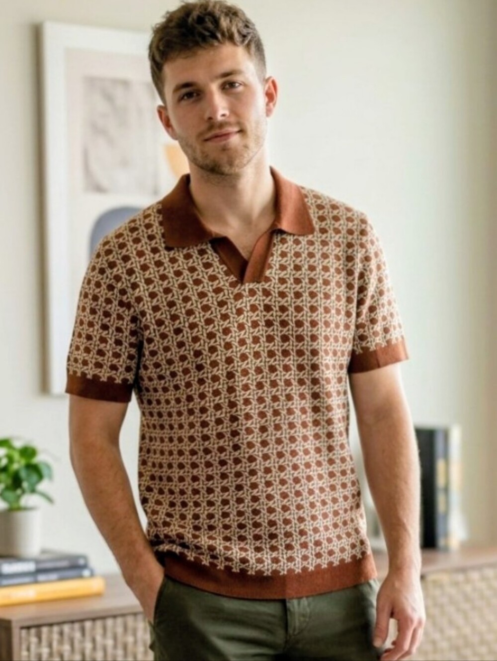 H&M Men's Brown Maroon & White Geometric Knit Polo